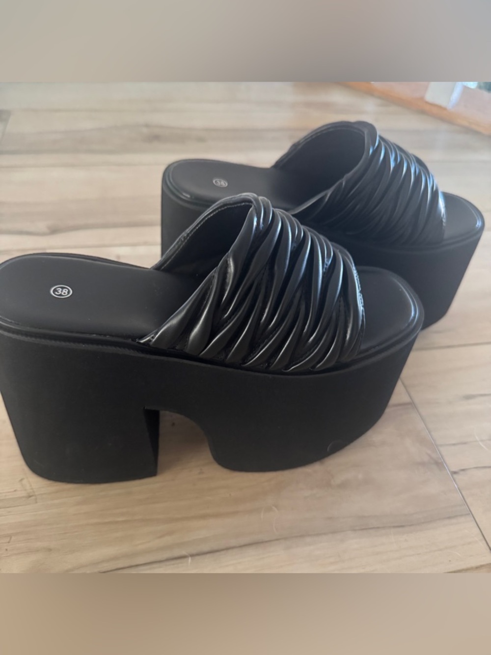 Black Platform Slide Sandals with Ruched Strap - Picture 5 of 5